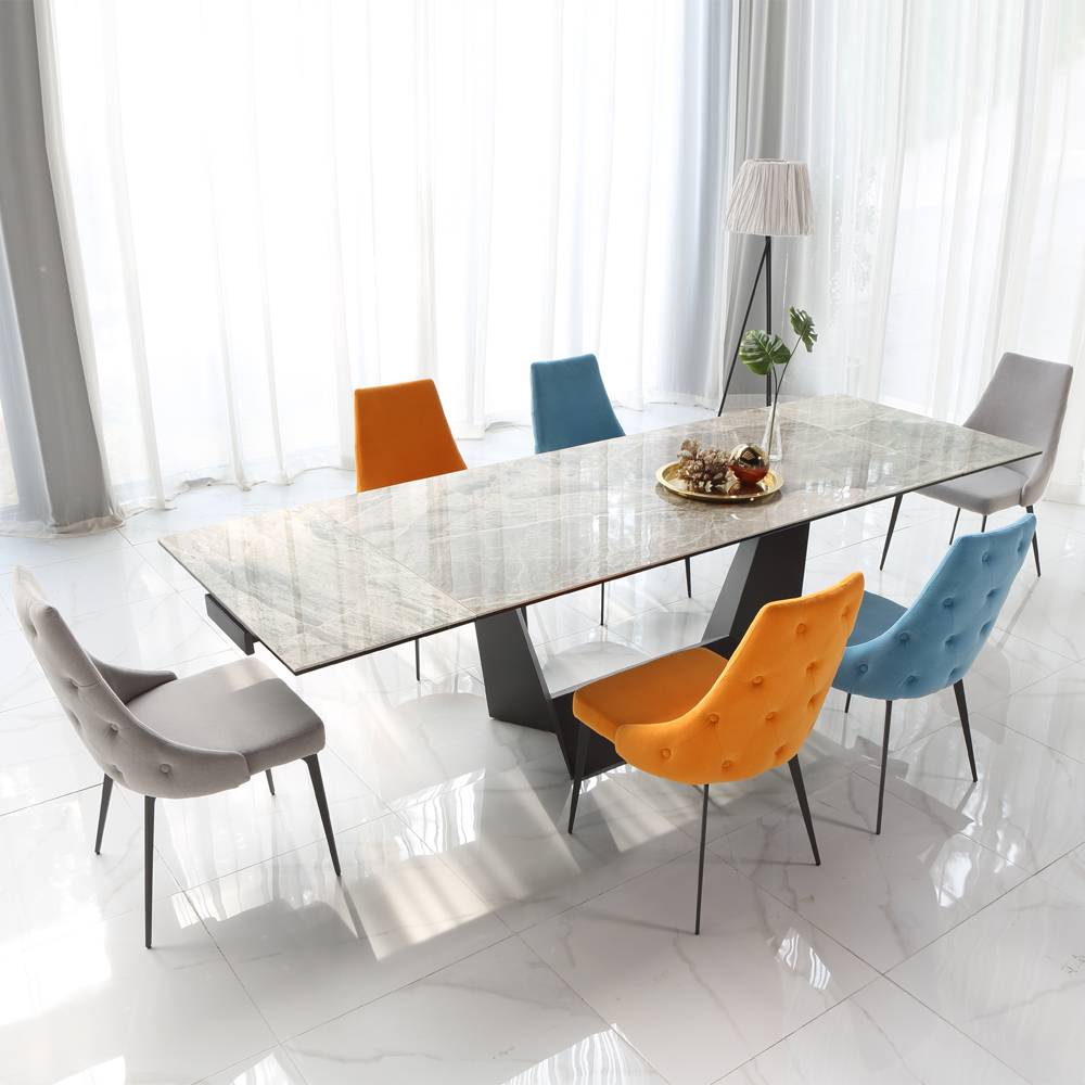 [전시상품 특가]NEW 밀리아 6인 확장형 세라믹 식탁 테이블+밀리아 스웨이드 철재 식탁 의자 4EA(그레이 2EA+오렌지 1EA+블루 1EA)